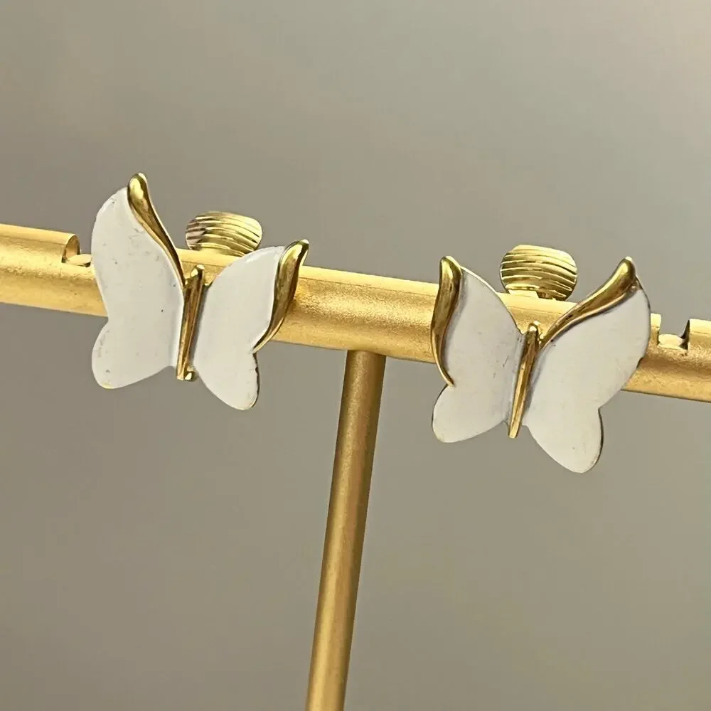Crown Trifari Vintage Dainty White Enamel Butterfly Clip Earrings